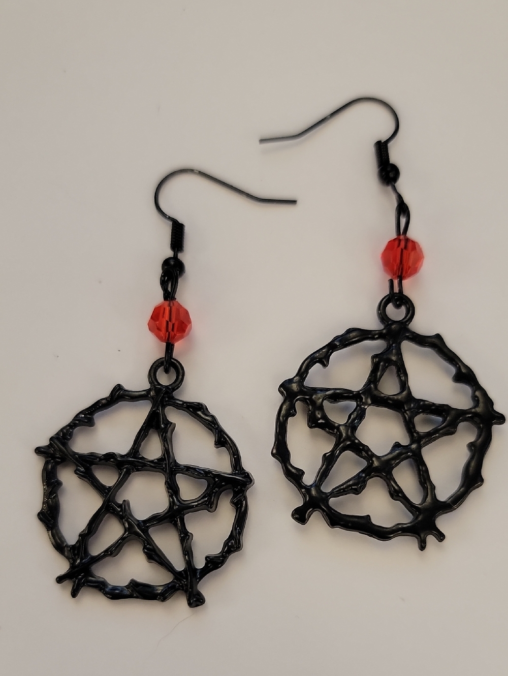 Black Pentagram Drop Earrings with Red Accent Beads